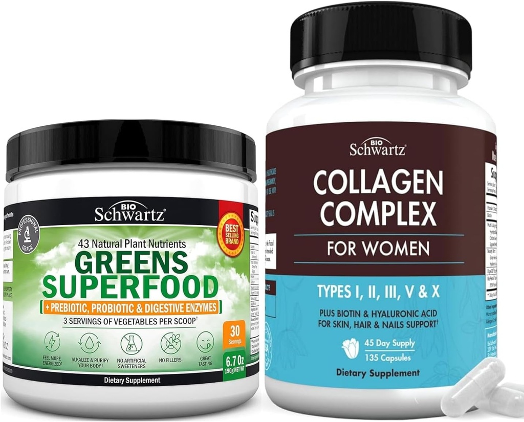 Super Greens Polvere con probiotici Prebiotici e enzimi digestivi (30 Serve) Plus capsule di Peptide di collagene idrolizzato (alimentazione di 45 giorni)