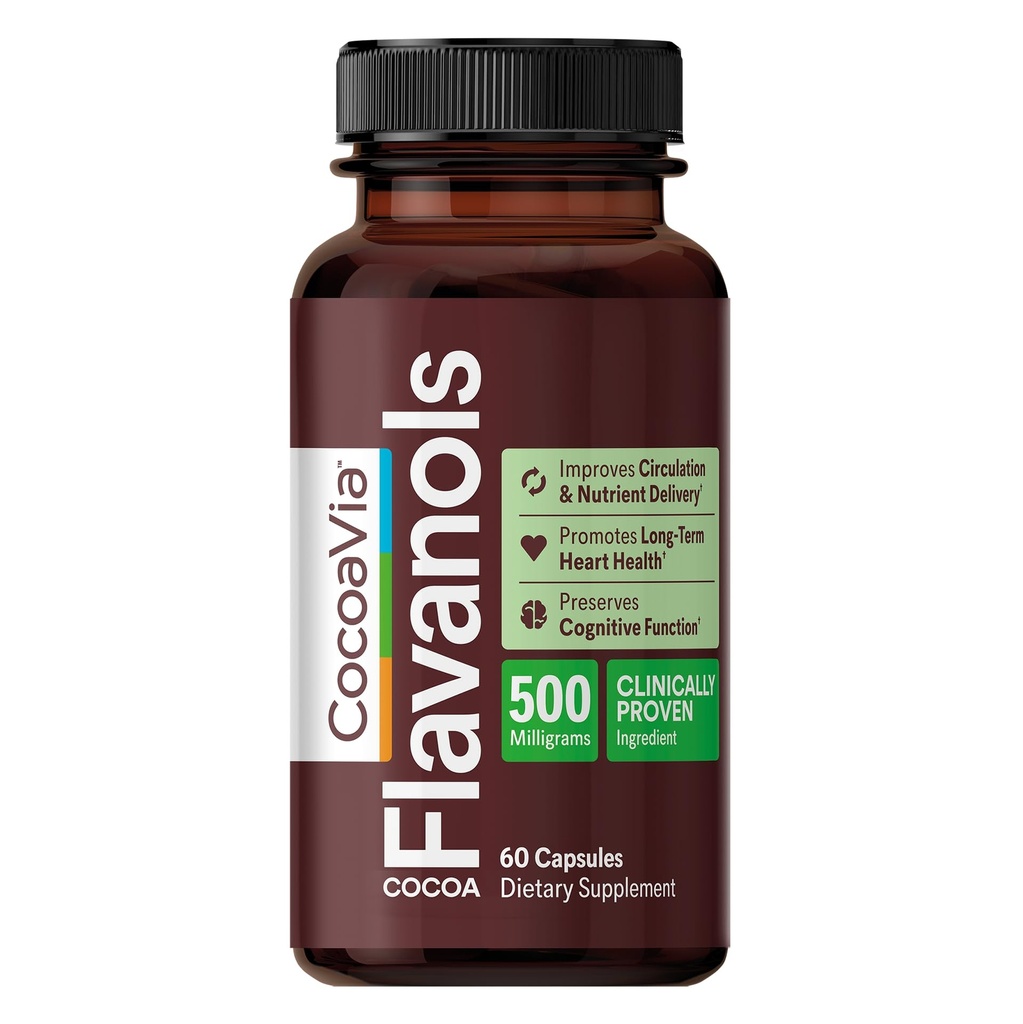 CocoaVia Cardio Health Supplement, 30 giorni, 500mg Cocoa Flavanols, Support Heart Health, Boost Nitric Oxide, Circolazione del sangue, Energia, Vegan, Cioccolato scuro, 60 capsule