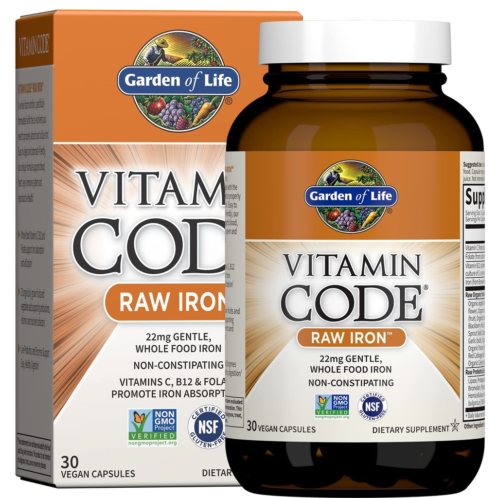 Supplemento di ferro crudo del codice di vitamina di giardino di vita - 30 capsule vegane, 22 mg una volta ferro quotidiano, vitamine C, B12, Folate, frutta, verdura e probiotici, Supplementi di ferro per le donne, supporto di energia e anemia
