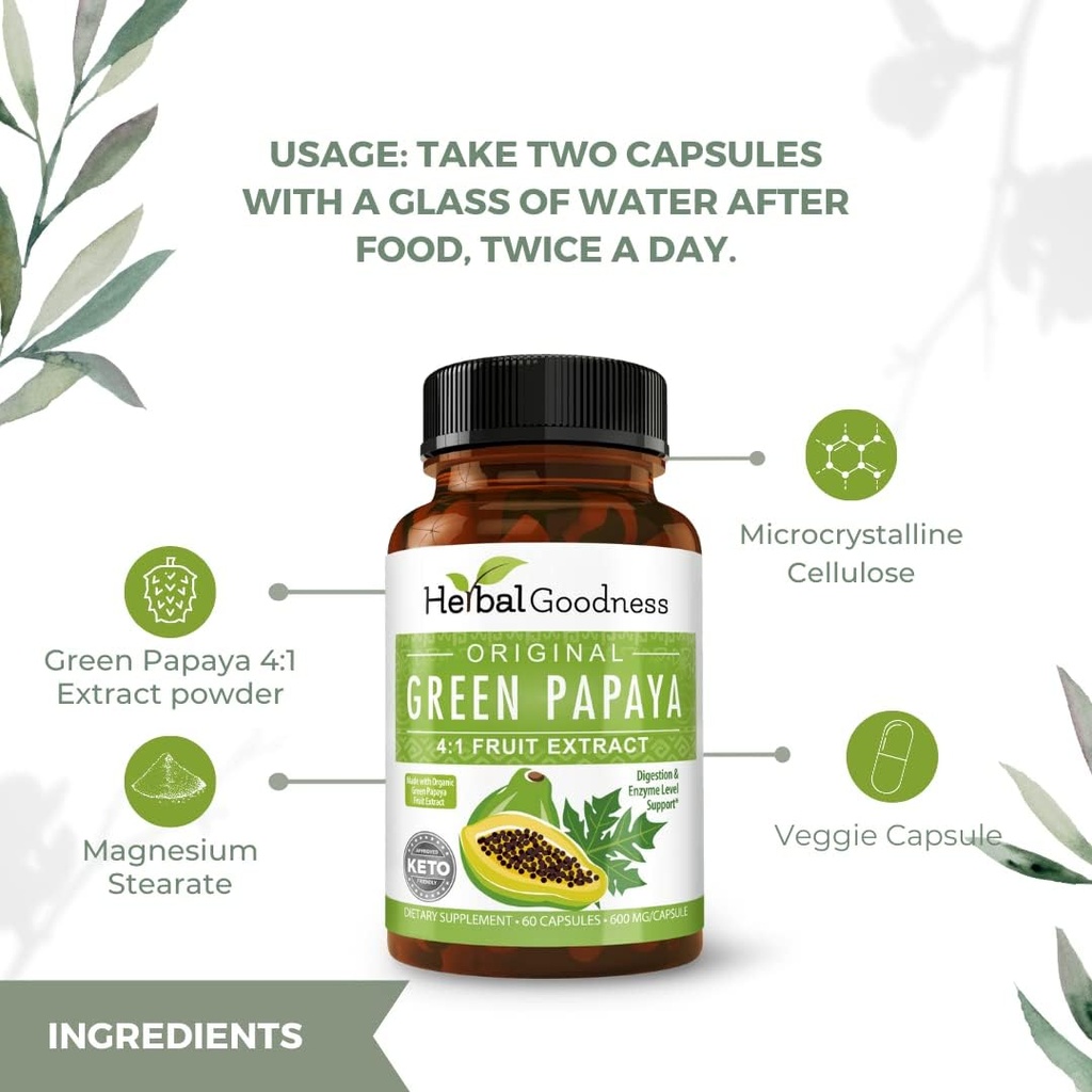 Green Papaya Capsule 4X Forza, Organic Papaya Leaf & Fruit Extract per Piatti, Salute Digestiva, Enzimi, Probiotici, Antiossidanti – 600mg, 60 Capsule, Caso di 12 – Bontà Erbale