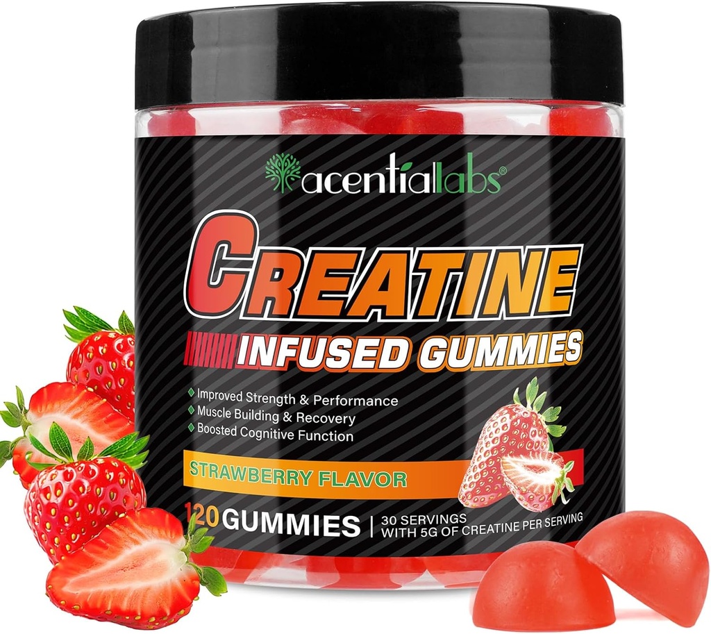 Creatina Monoidrato Gummies 5000mg per uomini e donne, Creatina monoidrato, L-Taurina, Vitamina B12 per la crescita del muscolo, resistenza, messa a fuoco, energia e salute, senza zucchero, Vegan, aroma di fragola, 120 Conte