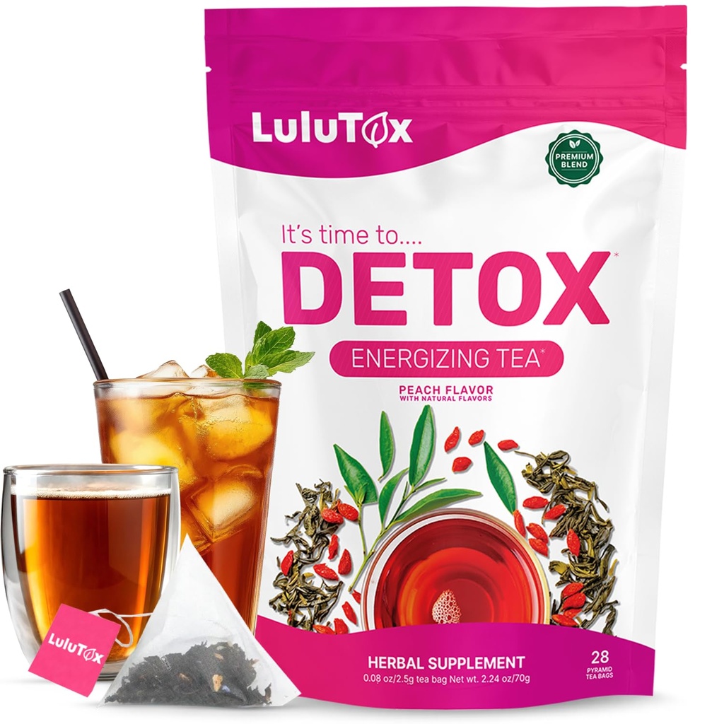 LULUTOX Detox Tea - Il tè dimagrante con Dandelion e Ginseng per sostenere gli obiettivi per Detox Cleanse, Cinghia piatta, Bloating, Peso sano e salute digestiva - Donne e uomini - Peach Flavor (28 Servings)