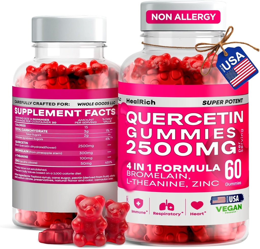 Quercetin Gummies - 2500MG Quercetin con Bromelain L-theanine & Zinc - Pure Supplemento per Sistema Immune Lung and Allergy Support - Integratori Vegan per Bambini & Adulti - Made in US