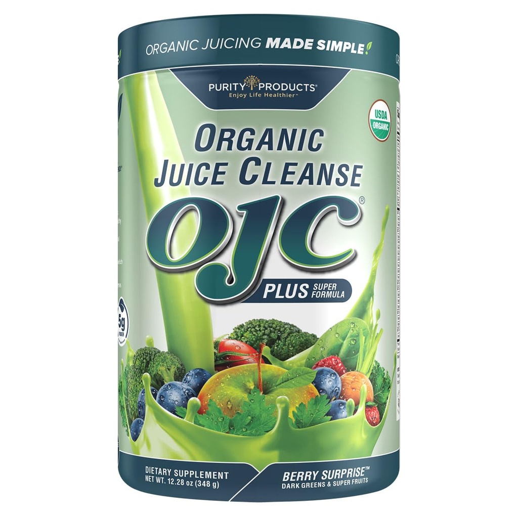 Detergente di succo biologico certificato OJC Plus Sorpresa di bacche - Prodotti di purezza - 30+ Veggie organiche e frutta - 5 Grammi di fibra - Promuove Funzione energetica e digestiva - 12.28 oz - 348 g - 30 Serve