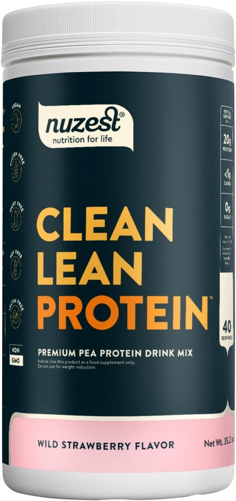 Nuzest - Pea Protein Powder - Clean Lean Protein, Premium Vegan Plant Based Protein Powder, Dairy Free, Gluten Free, OGM Free, Naturally Sweetened, Wild Strawberry, 40 Servings, 2.2 lb