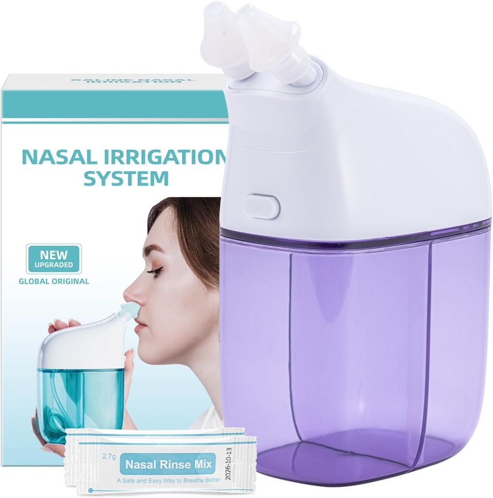 Sistema di irrigazione nasale con 30 confezioni Saline, Macchina di risciacquo del seno, Macchina di pulizia del naso con serbatoio di acqua e serbatoio di raccolta rifiuti - Violet