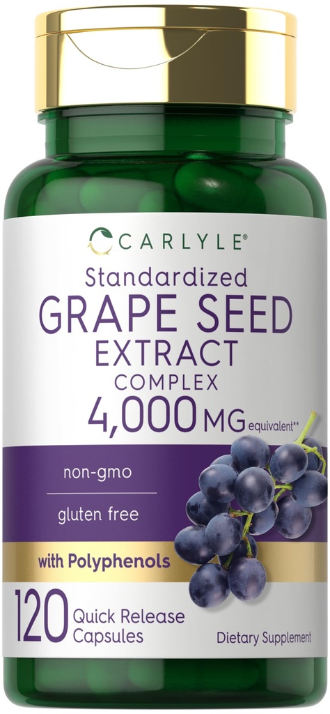 Estratto di semi d'uva di carlile 4,000mg | 120 capsule di rilascio rapido | Complesso di estratto standardizzato con Polyphenols | Non-GMO, Integratore senza glutine