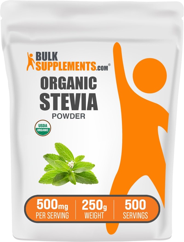 BulkSupplements.com Polvere di Stevia Organica - Addolcitore puro, Sorgente da foglie di Stevia, Supplemento di erbe - Vegan & Gluten Free, 500mg per Serving, 250g (8.8 oz) (Pack of 1)