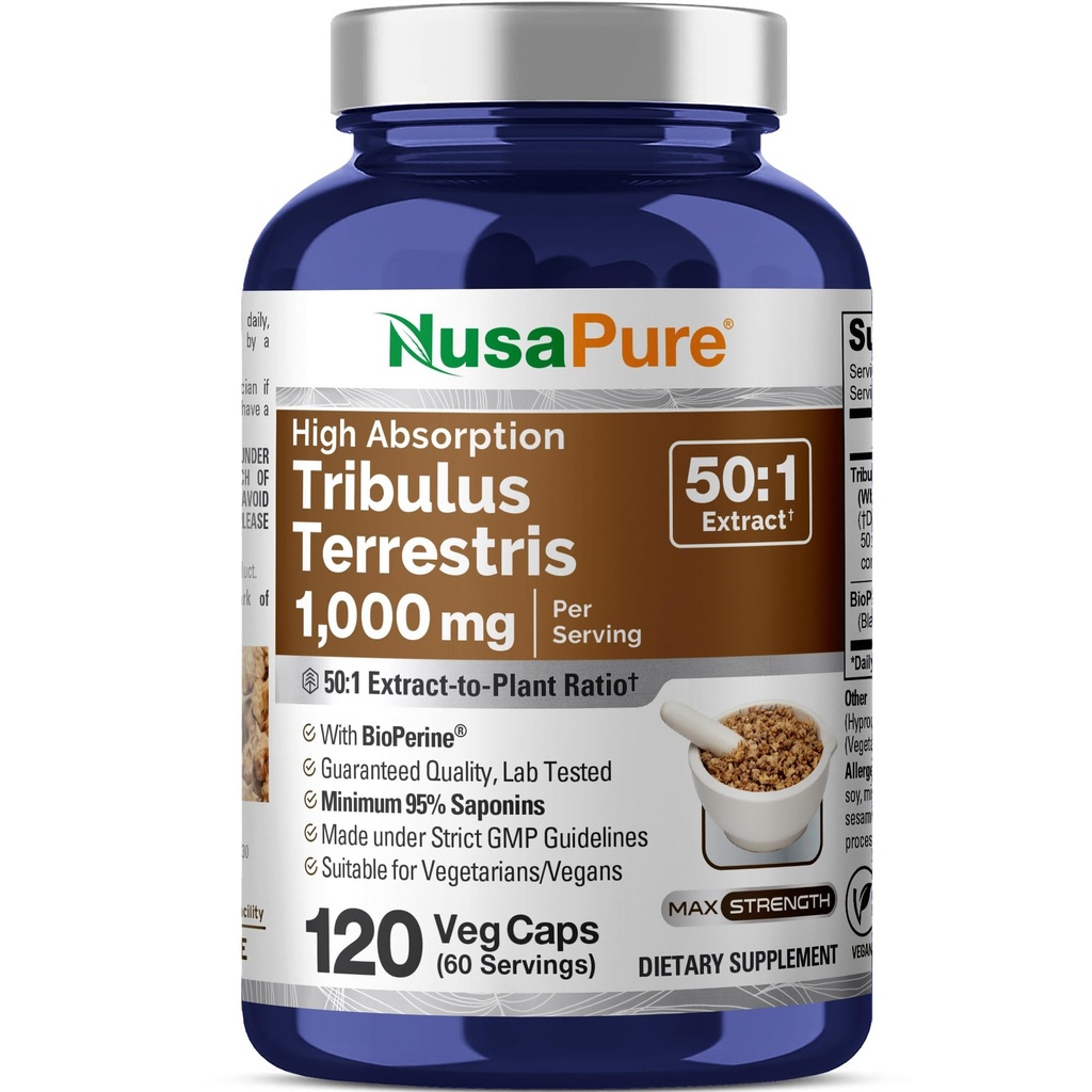 NusaPure Tribulus Terrestris 50:1 Extract, 1000 mg Equivalente a 50.000mg| 120 Veggie Caps | 95% Saponine steroideali | Non OGM, Bioperine