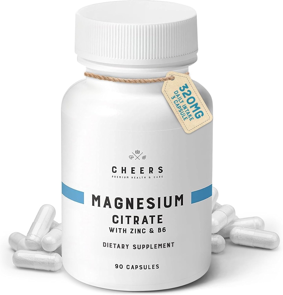 Cheers Magnesium Citrate 320mg | Supporta la salute muscolare & Nerve, Immune Boost & Stress Relief | Integratori di magnesio con vitamina B6 & Zinc | Non OGM, Vegan, No ingredienti artificiali | 90 capsule