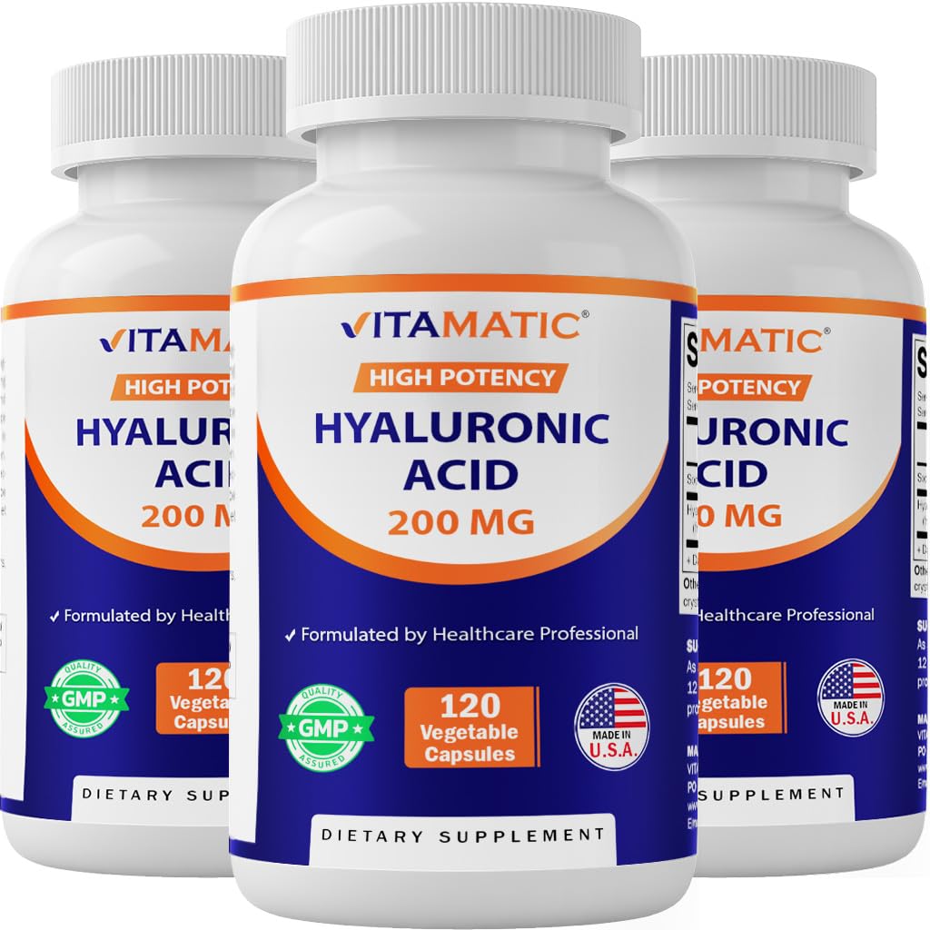 Vitamatic 3 Pack Integratori di acido ialuronico 200mg - Supporta tessuto connettivo sano e articolazioni - Promuovi la pelle sana giovanile - Totale 360 capsule
