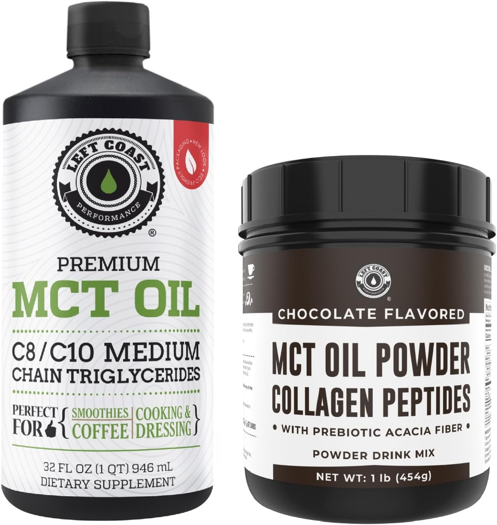 Prestazioni di Costa sinistra 100% Coconut MCT olio liquido, 32oz + cioccolato Keto MCT polvere, collagene & fibra prebiotica, 16oz