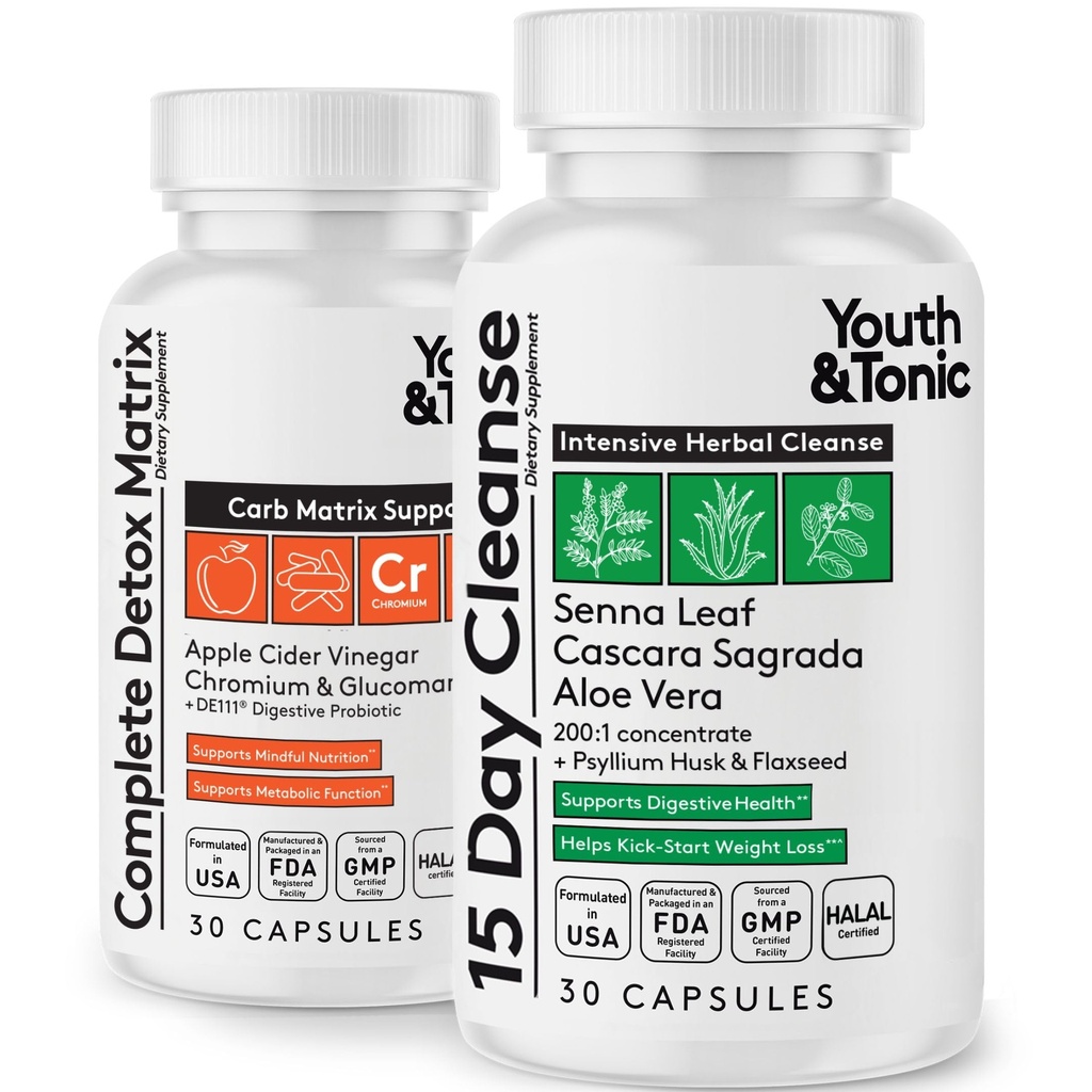 Youth & Tonic 15 giorni Cleanse & Carb Matrix Supporto per Bloating, Gut & Metabolism Health, Break The Plateau, Feel Lighter & Energized, Colon Cleanser & Detox con ACV, Glucomannan, Chromium, 60 pillole