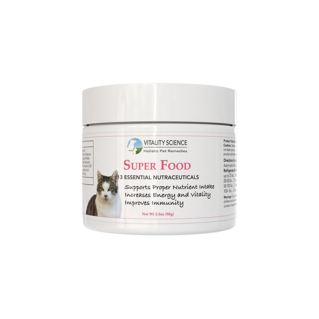 Vitality Science Super Food for Cats | High Potency Multi-Vitamin and Mineral Supplement | Aumenta energia e vitalità | 100% naturale (98g)