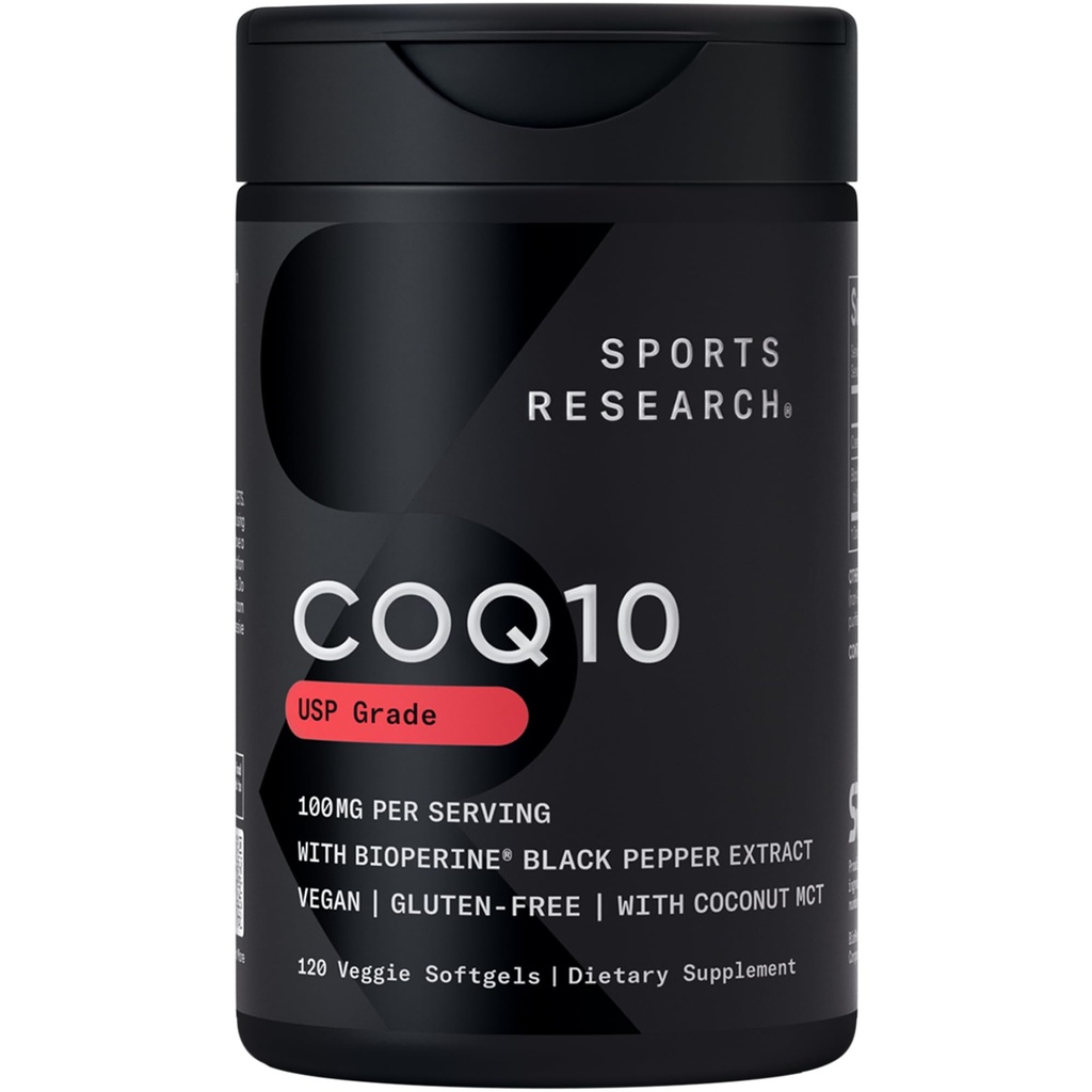 Ricerca sportiva CoQ10 (100mg) Migliorato w/Coconut Oil & Bioperine (pepe nero) per un migliore assorbimento | Vegan Certificato, Non OGM Verificato (120 Veggie Softgels)