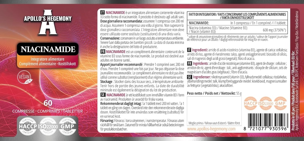APOLLO'S HEGEMONY Niacinamide 500 mg per Tablet - 60 compresse vegane - 2 mesi di alimentazione - Supporta l'energia e Nerve Funzione - Vitamina B3 Diet Supplement