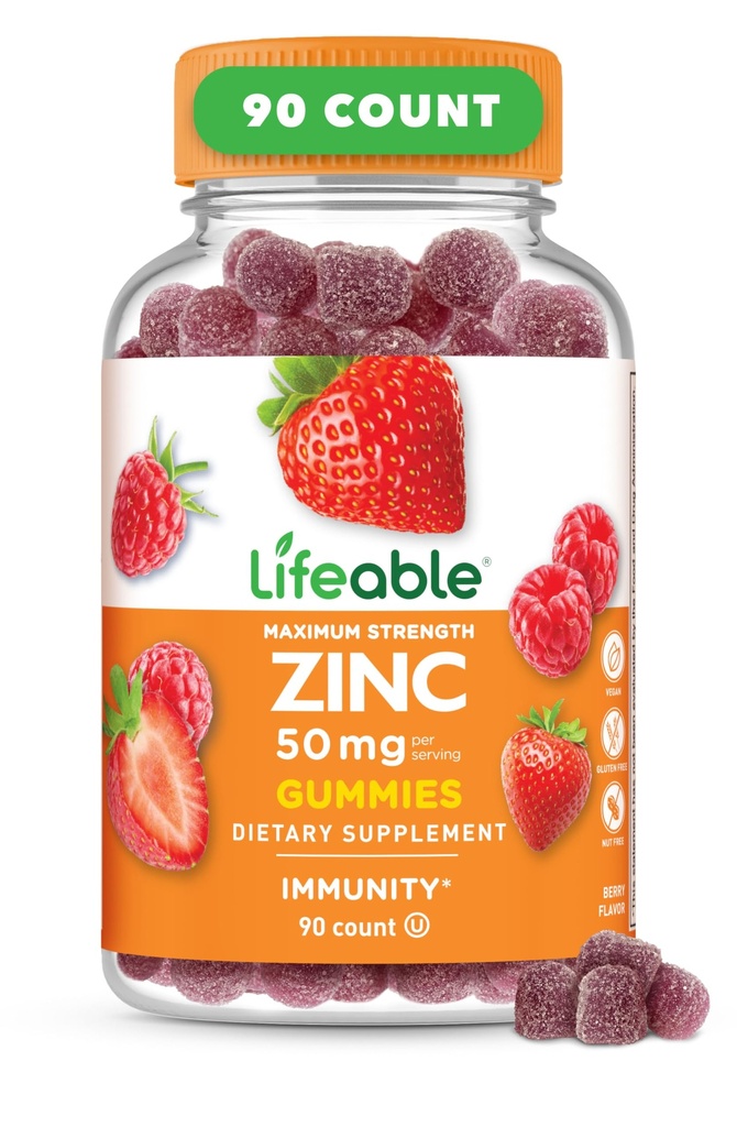 Gummie di zinco vitali | 50mg | Grande gusto naturale vitamine di zinco | Gluten Free, Vegetariano, GMO-Free Zinc Chewable | per il supporto immunitario | 90 Gummies