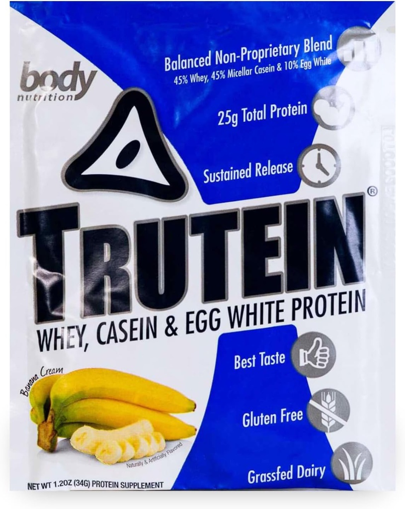 Polvere di proteine: 45% Whey, 45% Casein, 10% Egg White, Gluten-Free, Basso Sodio, Polvere di proteine di siero di erba Fed, Gym Supplement & Breakfast Shake, Crema Banana, 34g Sample