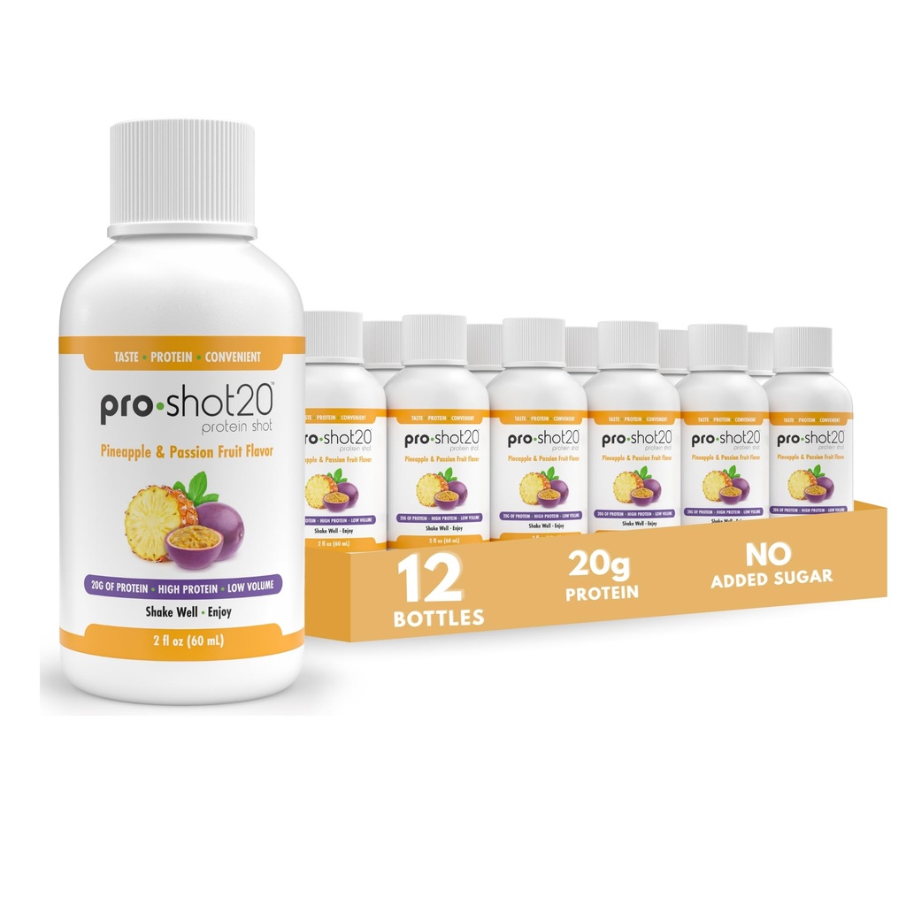 Pro-Shot20 Protein Shot Pineapple & Passion Fruit Flavor, 60 mL, 12-Pack- 20g Whey Protein & Hydrolyzed Collagen Drink- Basso Calorie, Carbo basso, Senza glutine, Senza aspartame, Pro-Bere