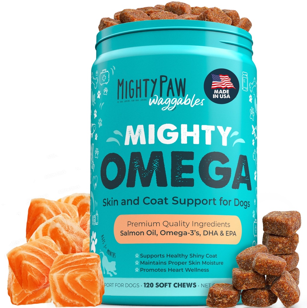 Mighty Paw Waggables Mighty Omega (Made in the USA, 120 Count) | Omega 3 Fish Oil Chew for Dogs. Salmone aroma pelle e cappotto supplemento. Soft Chew Fish Oil per cani - DHA & EPA, Bacon Flavor