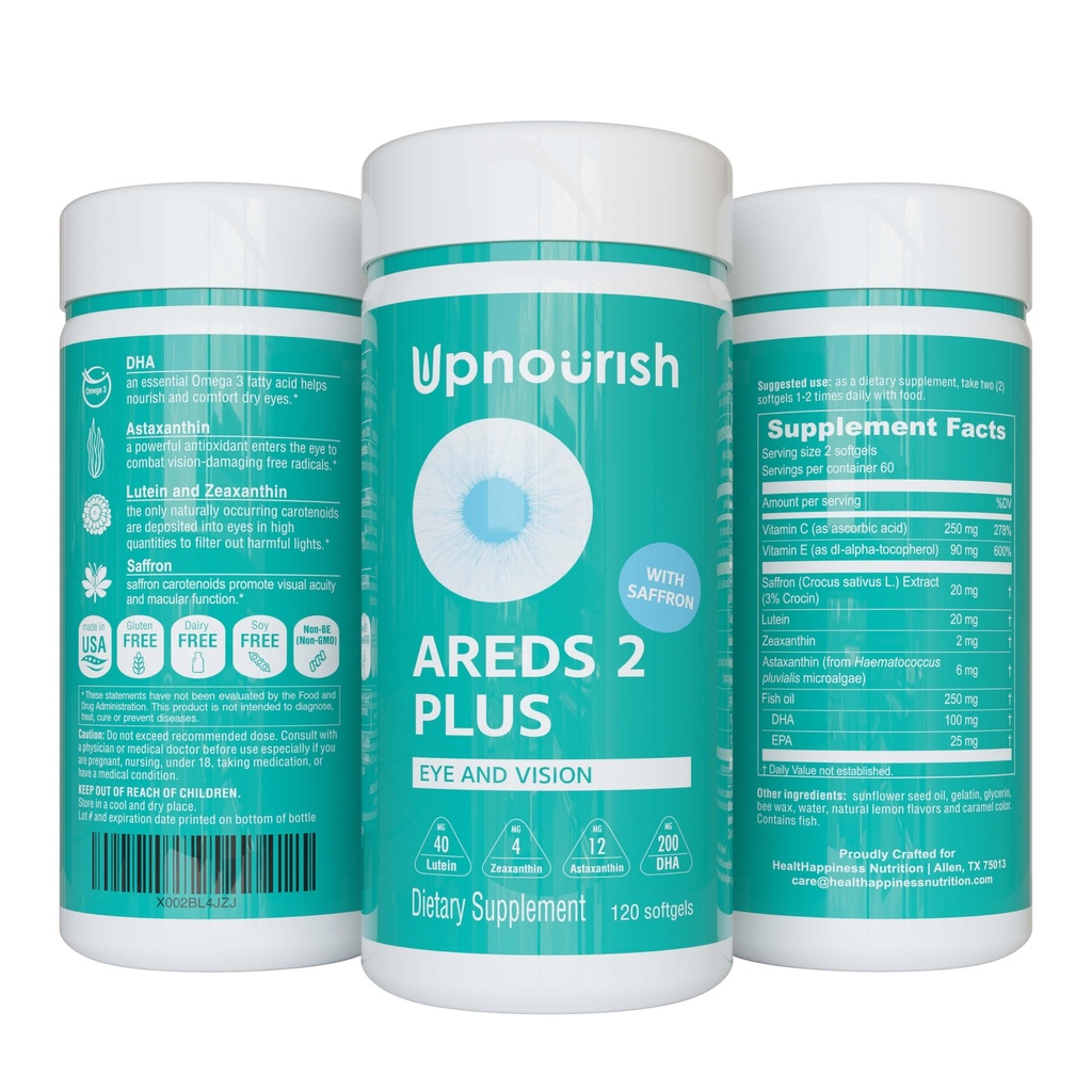 UpNourish AREDS 2 Plus Eye Vitamin Supplement, AREDS 2 Zinc Free Formula con Lutein, Zeaxanthin, Zafferano, Astaxantina e DHA - 120 softgels