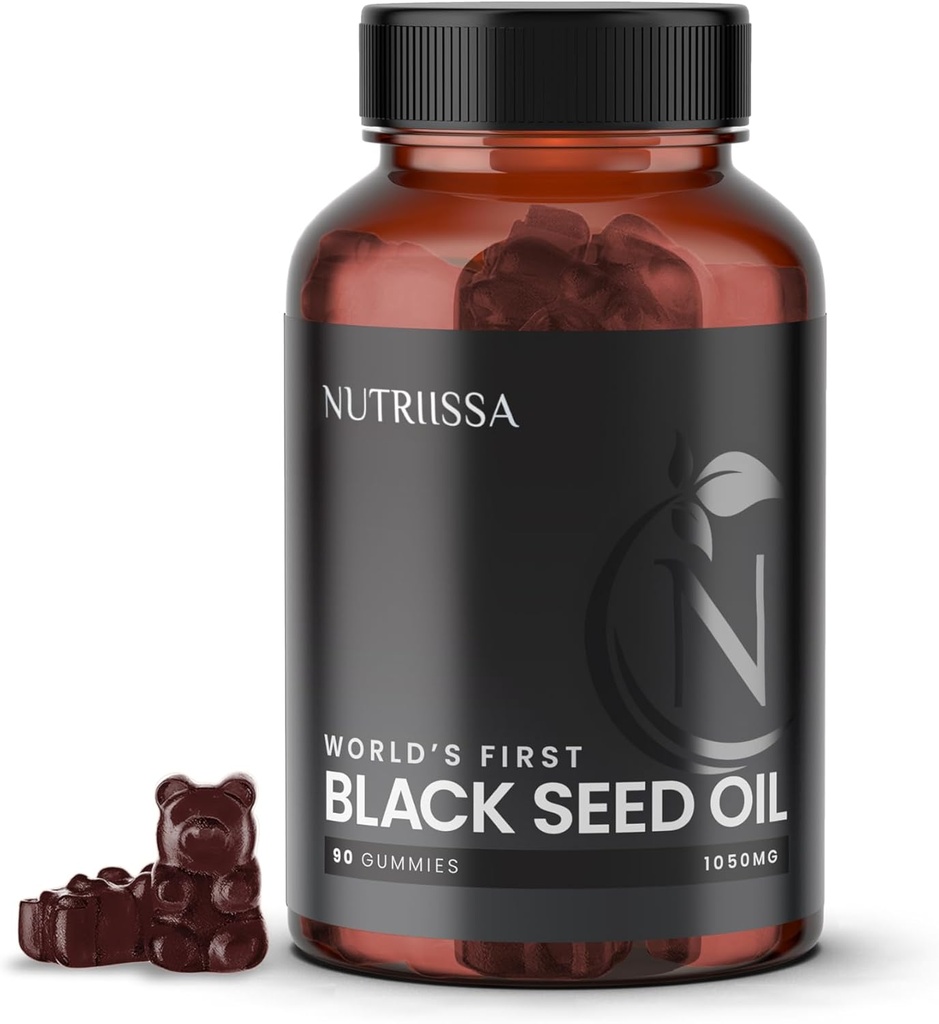 Nutriissa Black Seed Oil + Elder Berry Gummies – Cumino nero a freddo Seed Nigella Sativa olio – EPEB Certificato per purezza e potenza – 90 Blueberry Gummies Vegan aromaed