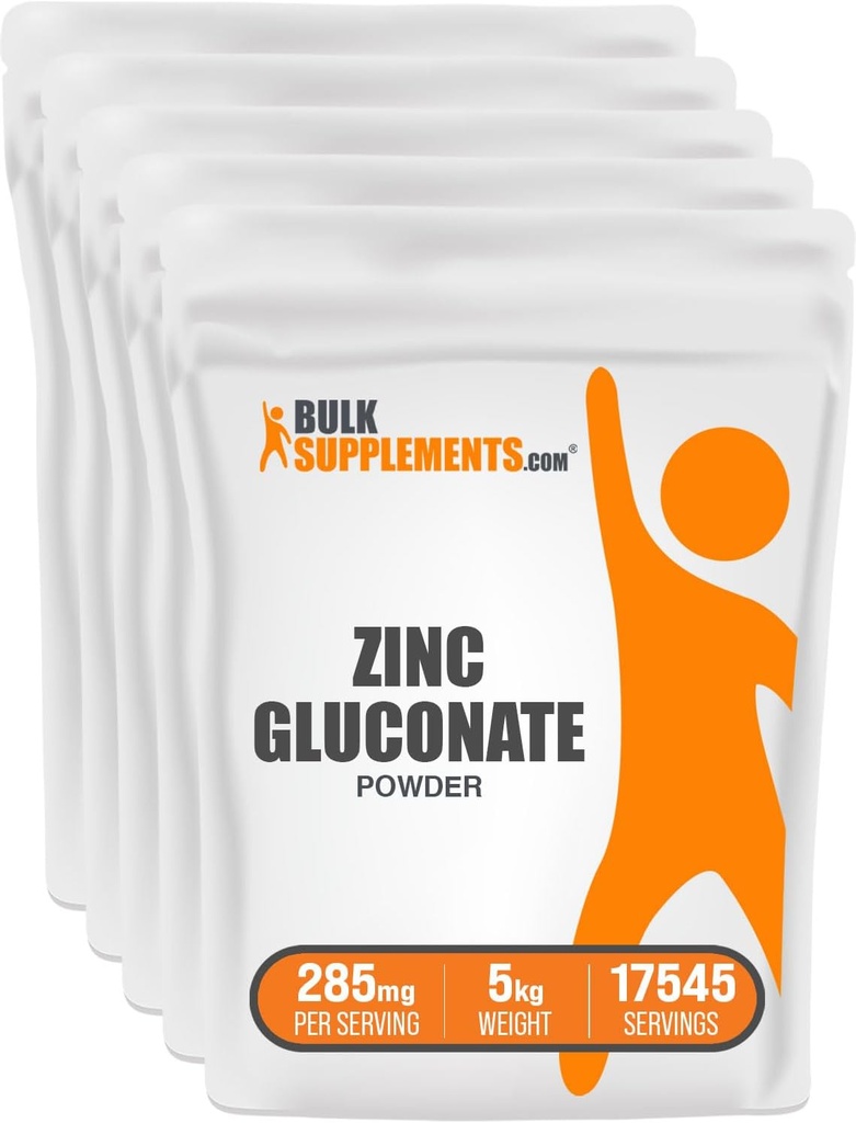 BulkSupplements.com Zinc Gluconate Powder - Zinc 40mg, Zinc Powder - Zinc Supplement for Immune Support - Gluten Free, 285mg per Serving, 5kg (11 lbs) (Pack of 5)