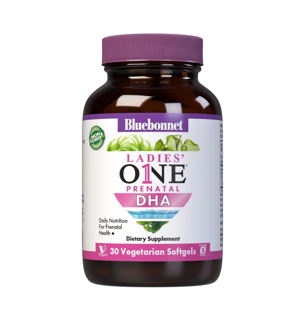 Bluebonnet Nutrition Ladies' One Prenatal DHA, Nutrizione giornaliera per la salute prenatale*, Non OGM, Vegan, Senza glutine, 30 Softgel vegetariani, 30 Serve