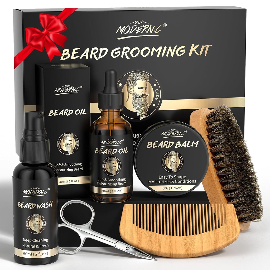 POP MODERN.C Kit di crescita del cuscinetto Kit di Grooming 6pcs Beard Wash Shampoo Beard Oil Beard Balm Beard Brush Forbici