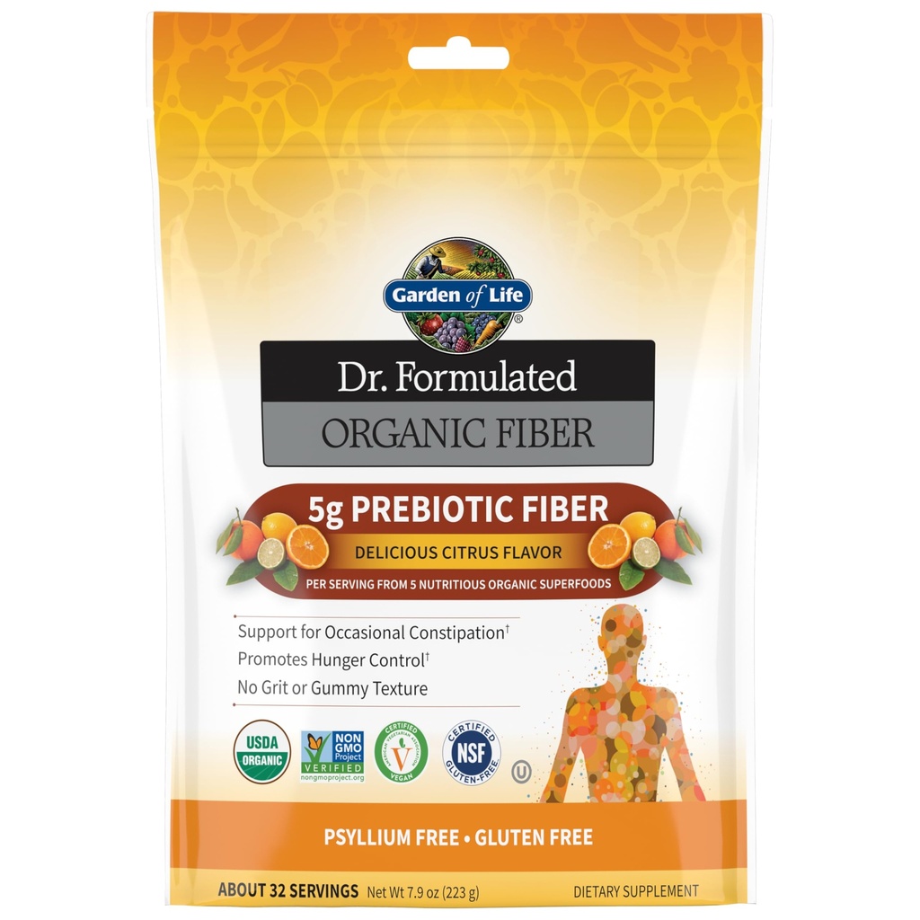 Giardino della vita Dr Formulated Organic Fiber Supplement Citrus, Sugar Free, Psyllium Free Prebiotic Superfoods, Rilievo di costipazione e controllo della fame per gli uomini e le donne, 32 Serve