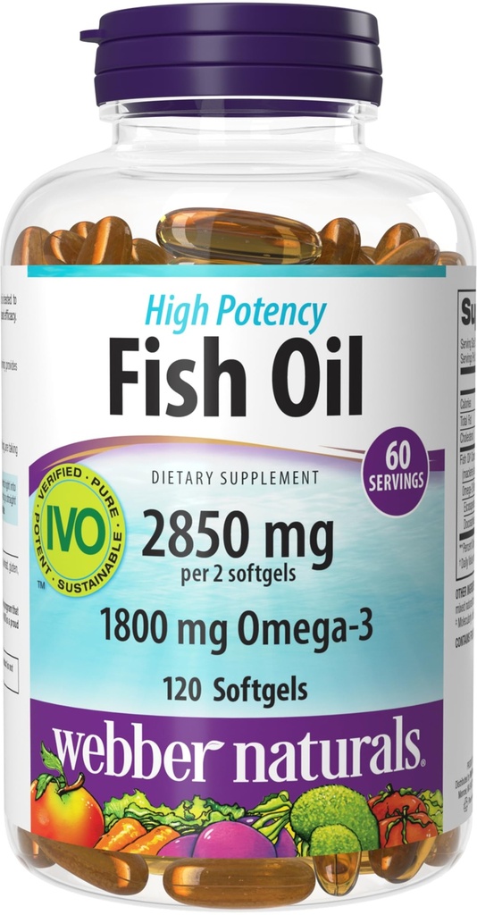 Webber Naturals Fish Oil 2850 mg, Alta potenza, 1800 mg Omega-3 per Serving, 120 Clear Enteric Softgels, No Fishy Aftertaste, Ultra-Purified, Supporta il cuore, Cognitivo, e Joint Health
