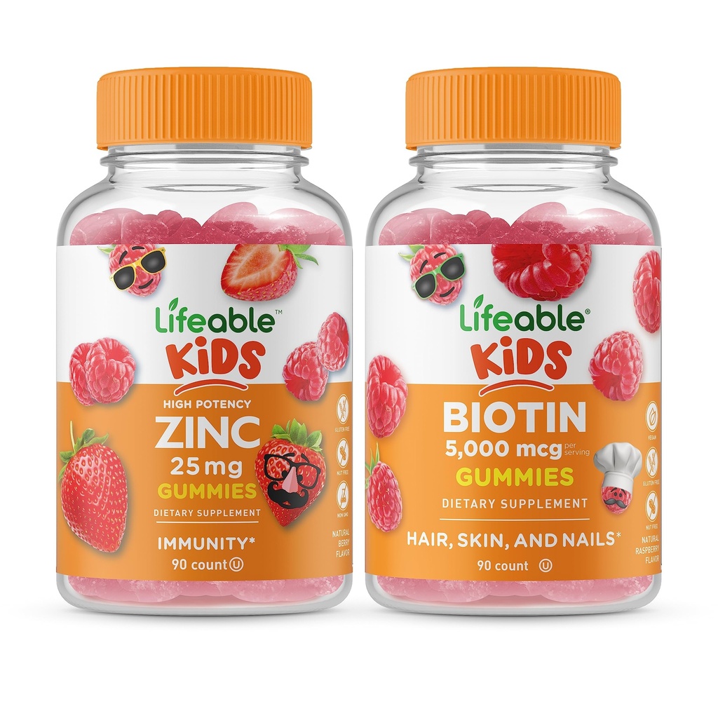 Zinco vitale 25mg Bambini + Biotin Bambini, Gummies Bundle - Grande Degustazione, Supplemento alla vitamina, Senza glutine, OGM libero, pancia masticabile