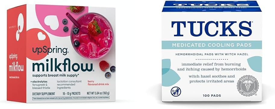 UpSpring Milkflow Electrolyte Breastfeeding Supplement Drink Mix con Fenugreek | Berry Flavor | 16 Bevande Mixs + TUCKS Medicated Cooling Pads, 100 Count