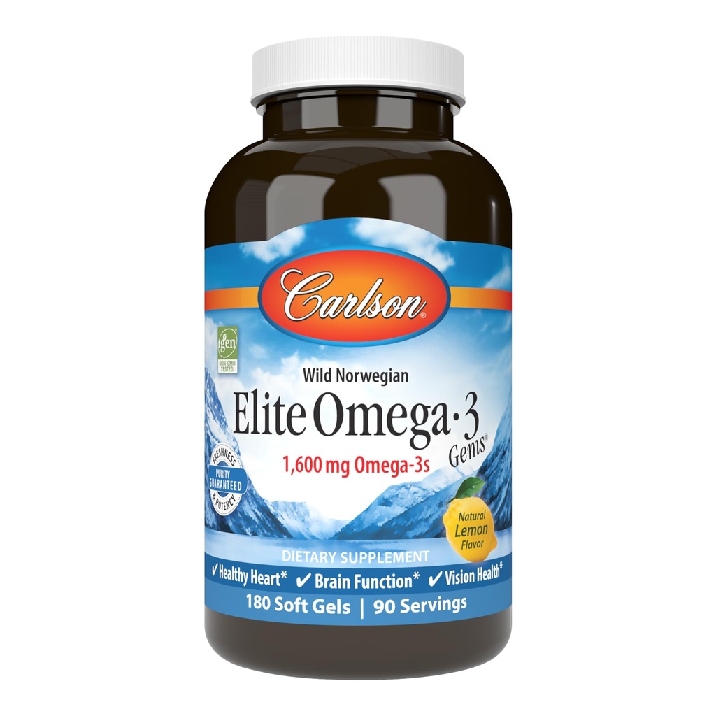 Carlson - Elite Omega-3 Gems, 1600 mg Omega-3 Compreso EPA e DHA, Norvegese, Wild-Caught Fish Oil Supplement, Sostenibilmente Sourced, Lemon, 180 Softgels