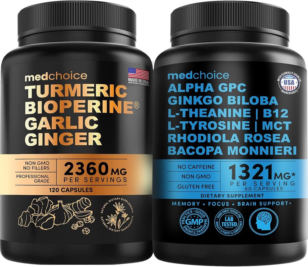 MEDCHOICE Turmeric & Ginger (120ct) e cervello Nootropic (60ct) Supplemento Bundle - Benessere Duo per Joint, Digestion, Brain, & Mood Support - Vegan, Non OGM, Gluten-Free