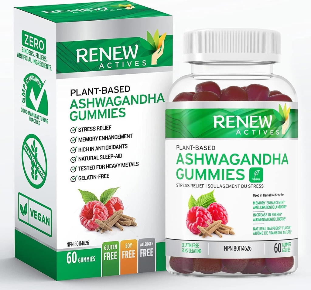Renew Actives Ashwagandha 100MG per 4 Gummies – Memoria, Focus & Energy Boost – tradizionalmente usato come tonico ringiovanente – Vegan, Herbal Adaptogen – Made in Canada – 60 Gummies
