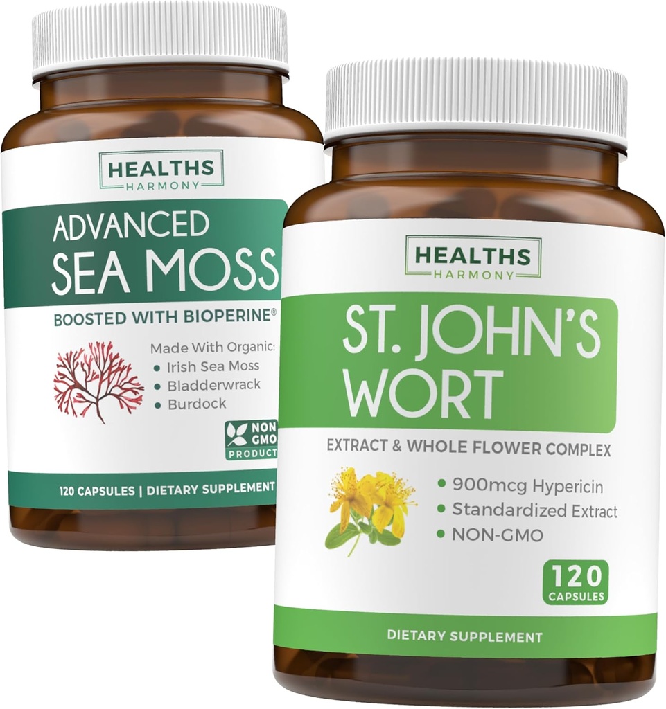 Sea Moss & St. John's Wort (2-Month Supply) Mood Moss Blend - Organic Irish Sea Moss - Raw Vegan Supplement (120 Caps) & St John Wort con potente 900mcg Hypericin Vegan Non-GMO (120 capsule)