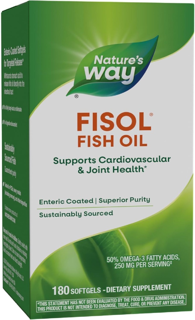 Via della natura Fisol Fish Oil, Enteric Coated, Supporta la salute cardiovascolare e congiunta*, Mega Potency Omega-3s, 180 Softgels (Packaging May Vary)