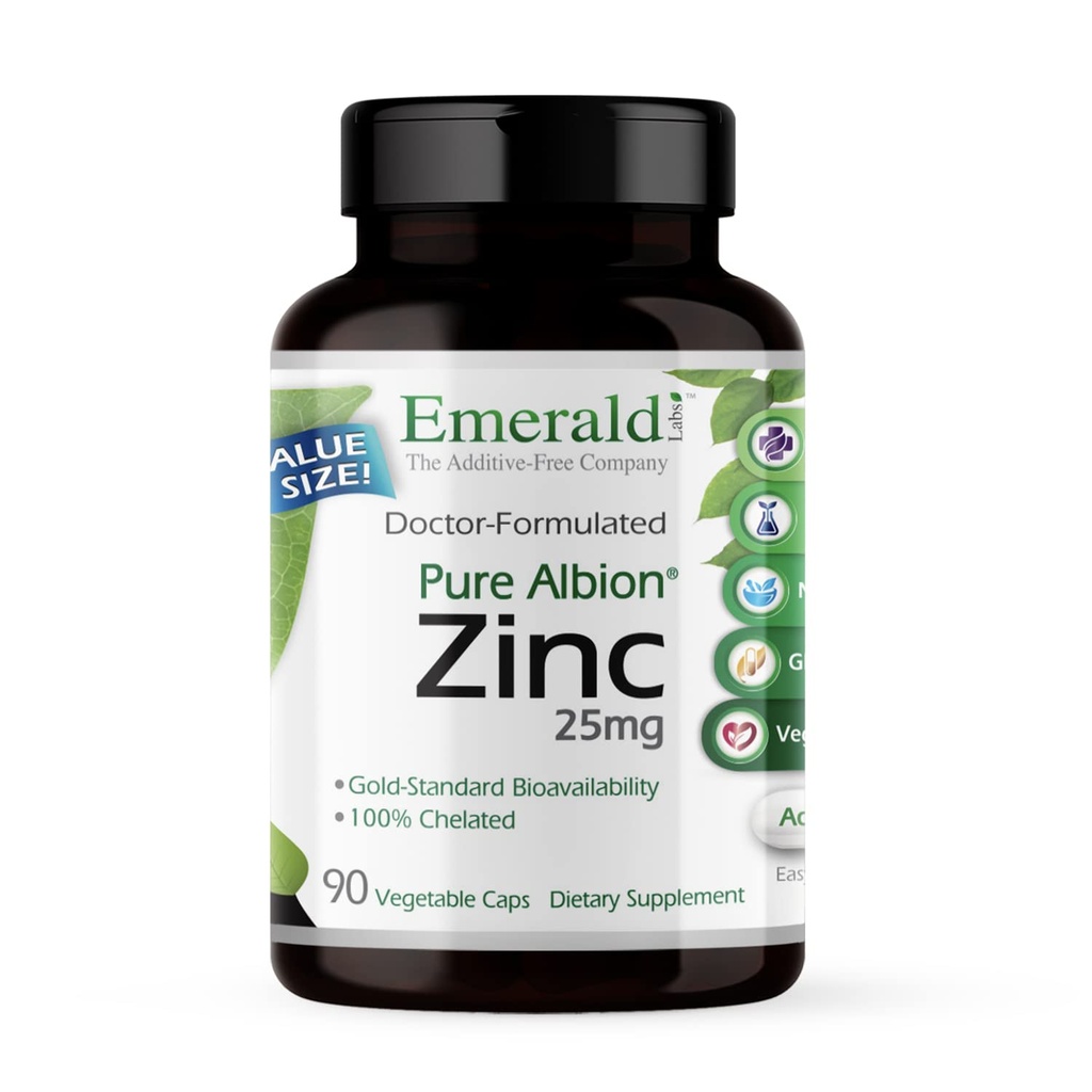 Smeraldo Labs Zinc 25mg - Supporto immunitario, Salute Digestiva, Supporto di stress ossidativo - Realizzato con Zinc Bisglycinate - Vegan & Gluten-Free - 90 Capsule vegetali