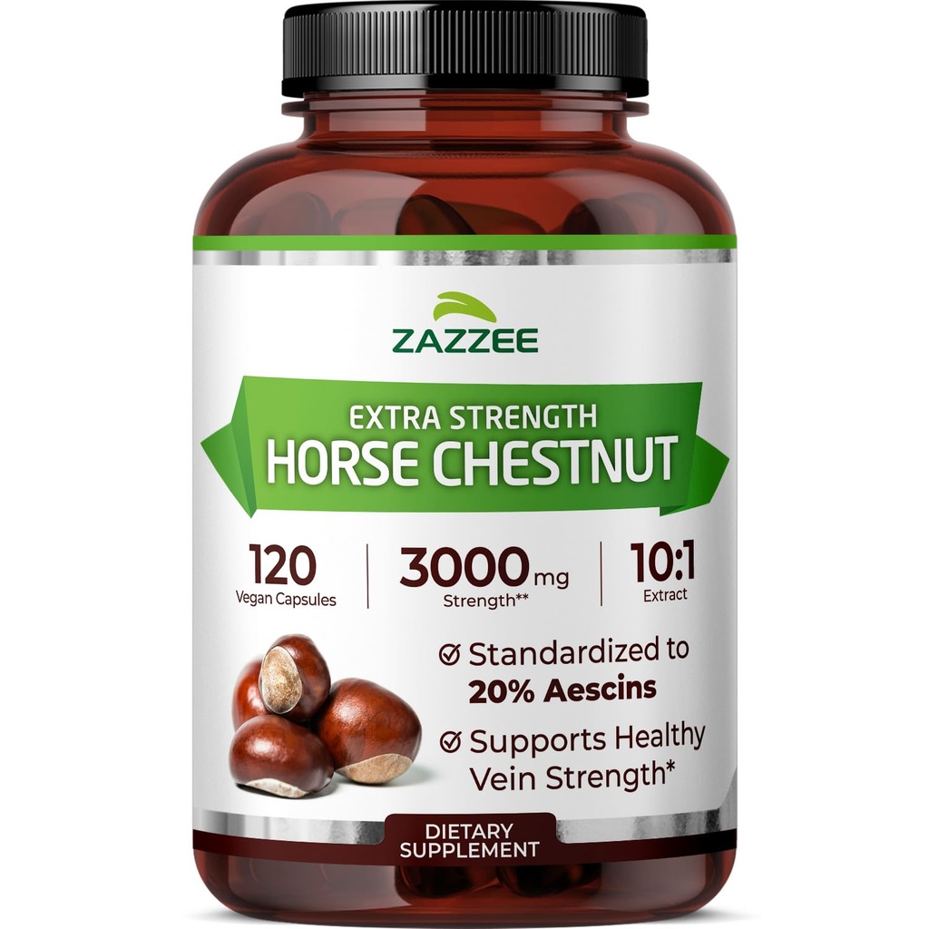 Zazzee Extra Forza Cavallo Chestnut 10:1 estratto, 3000 mg di resistenza, 20% di aescina, 4 mesi di alimentazione, 120 capsule vegane, concentrato e standardizzato 10X estratto, All-Natural, Non-OGM, Made in the USA