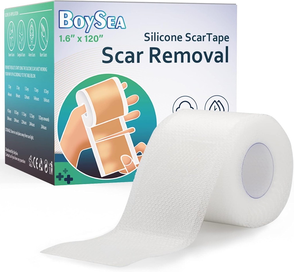 Fogli di sciarpa in silicone Boysea (1.6" x 120") Nastro di cicatrice in silicone trasparente - Trattamento di rimozione delle cicatrici - Strisce di cicatrici riutilizzabili per Keloid, C-Section, Burn, Cicatrici chirurgiche