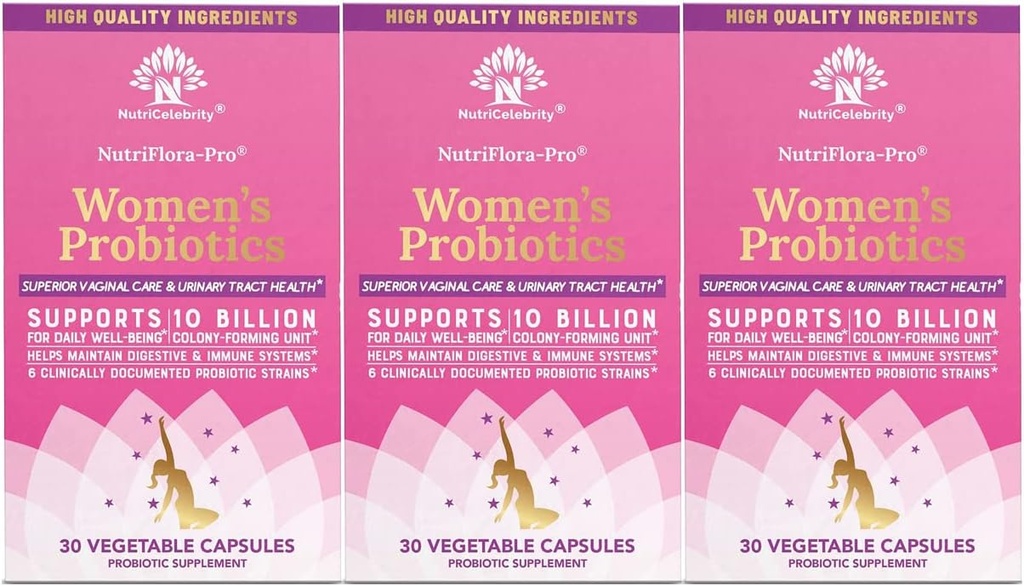 Probiotici di Nutricelebrity per le donne 10 miliardi di CFU 6 Strains, Prebiotici organici per la salute digestiva,Vaginal&Immune,equilibrio e salute femminile, dolore periodo, sollievo di BV, estratto di mirtillo+ 3 Pack