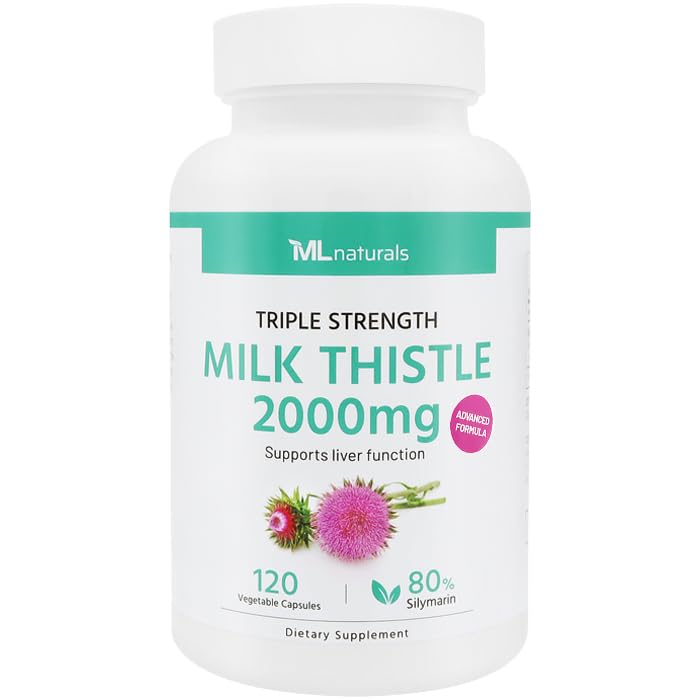 ML Naturals Triple Strength Milk Thistle 2000 mg (High Dosage & Potency Silymarin 192 mg per Serving), 120 capsule vegetali (4 mesi di alimentazione). Supporta la salute del fegato, NSF-Certified & cGMP-Compliant