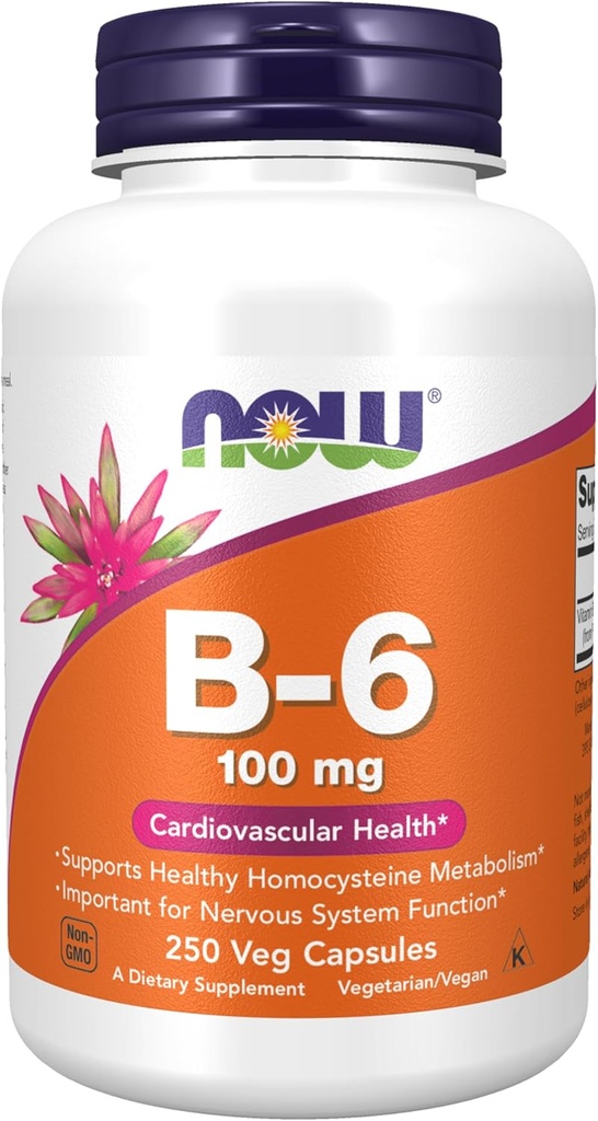NOW Integratori alimentari, Vitamina B-6 (Pyridoxine HCl) 100 mg, Salute cardiovascolare, 250 capsule di Veg