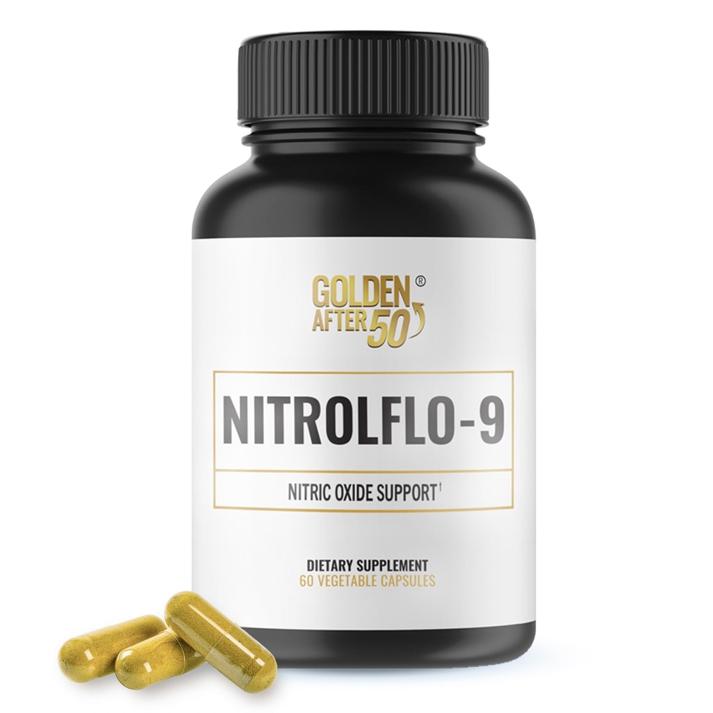 D'oro dopo 50 NitrolFlo-9 - Integratore di ossido nitrico a base di natura con estratto di melograno, semi di uva e S7® - Supporta la Circolazione Nutriente e l'Energia Ottica - 60 capsule