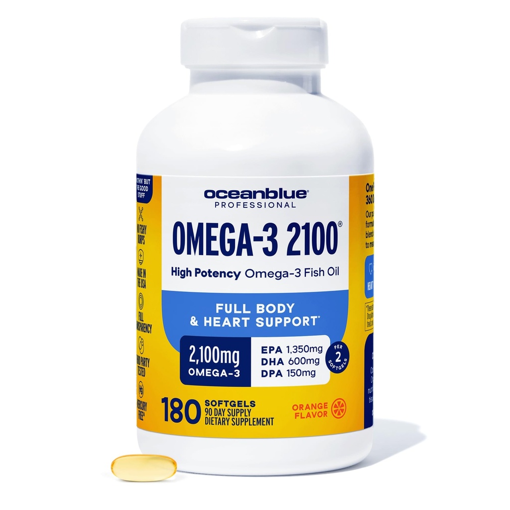 Oceanblue Professional Omega-3 2100 – 180 ct – Triple Strength Burpless Fish Oil Supplemento con EPA ad alta potenza, DHA, DPA – Wild-Caught – Arancione Flavor (90 Serve)