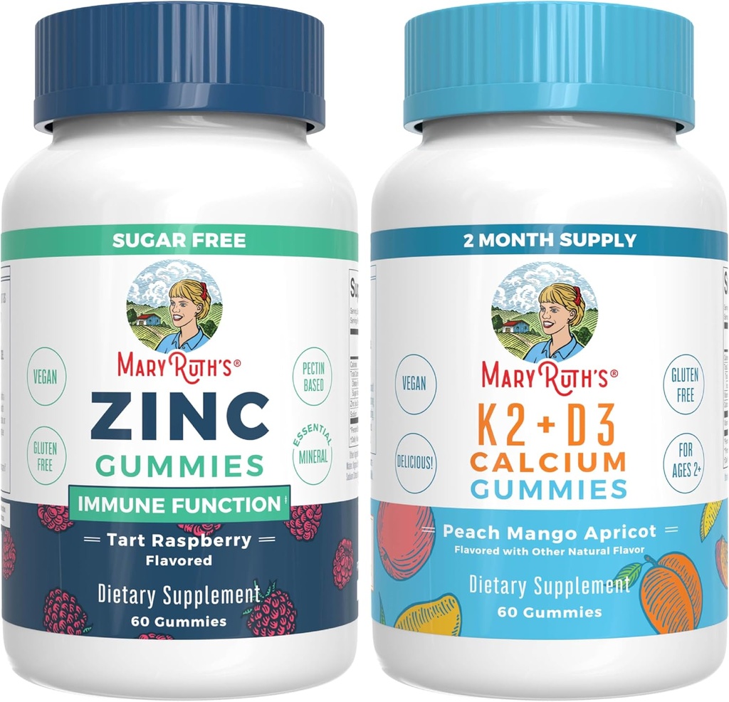 MaryRuth Organics Zinc (Tart Raspberry) & Vitamin K2+D3 Calcium Gummies (Peach Mango & Apricot) | Clean Label Project Verified® | Vitamine per Immunità & Joint and Bone Health | Vegan, Non OGM