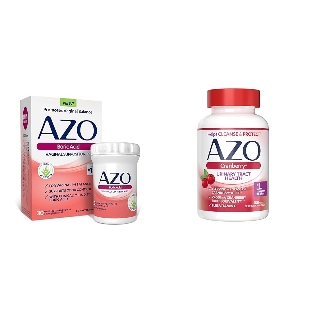 AZO Boric Acid Vaginal Suppositories, aiuta il controllo dell'odore e l'equilibrio Vaginal PH & Cranberry Urinary Tract Health Supplement, 1 Serving = 1 Vetro di succo di mirtillo