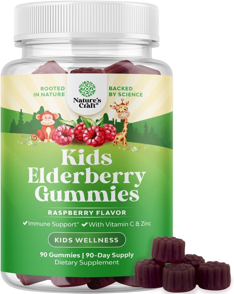 Natura Artigianato Sambucus Elderberry Gummies per la salute dei bambini - Delicious Black Elderberry Gummies con zinco e vitamina C per il supporto immunitario dei bambini - Gelatin e Gluten Free Non OGM Immunity Support 90