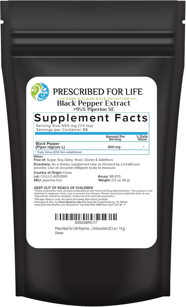 Prescritto per la polvere di piperina di vita, 95% polvere di estratto di pepe nero, aumenta l'assorbimento nutriente, senza glutine, vegano, non OGM, antiossidante naturale (0.5oz / 14g)